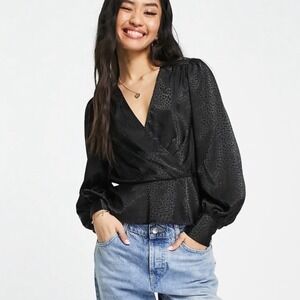 New Look Black Patterned Wrap Blouse With Peplum Hem, Size US 4